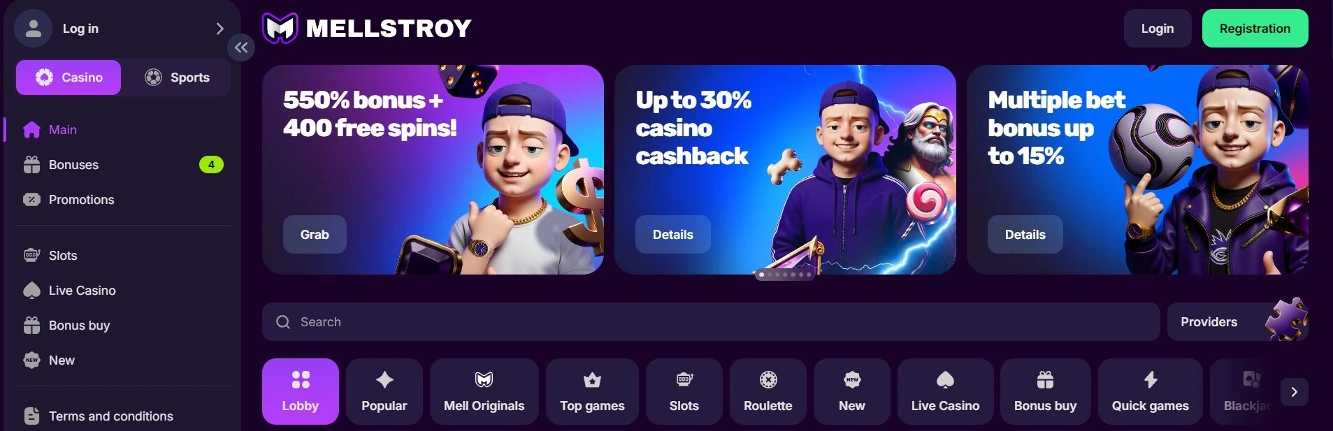 Mellstroy Casino — бонус 55000 ₽ + 400FS